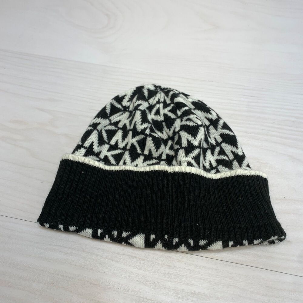 Michael Kors Women’s Black Cream MK Logo Cuff‎ Beanie Knit Hat OS